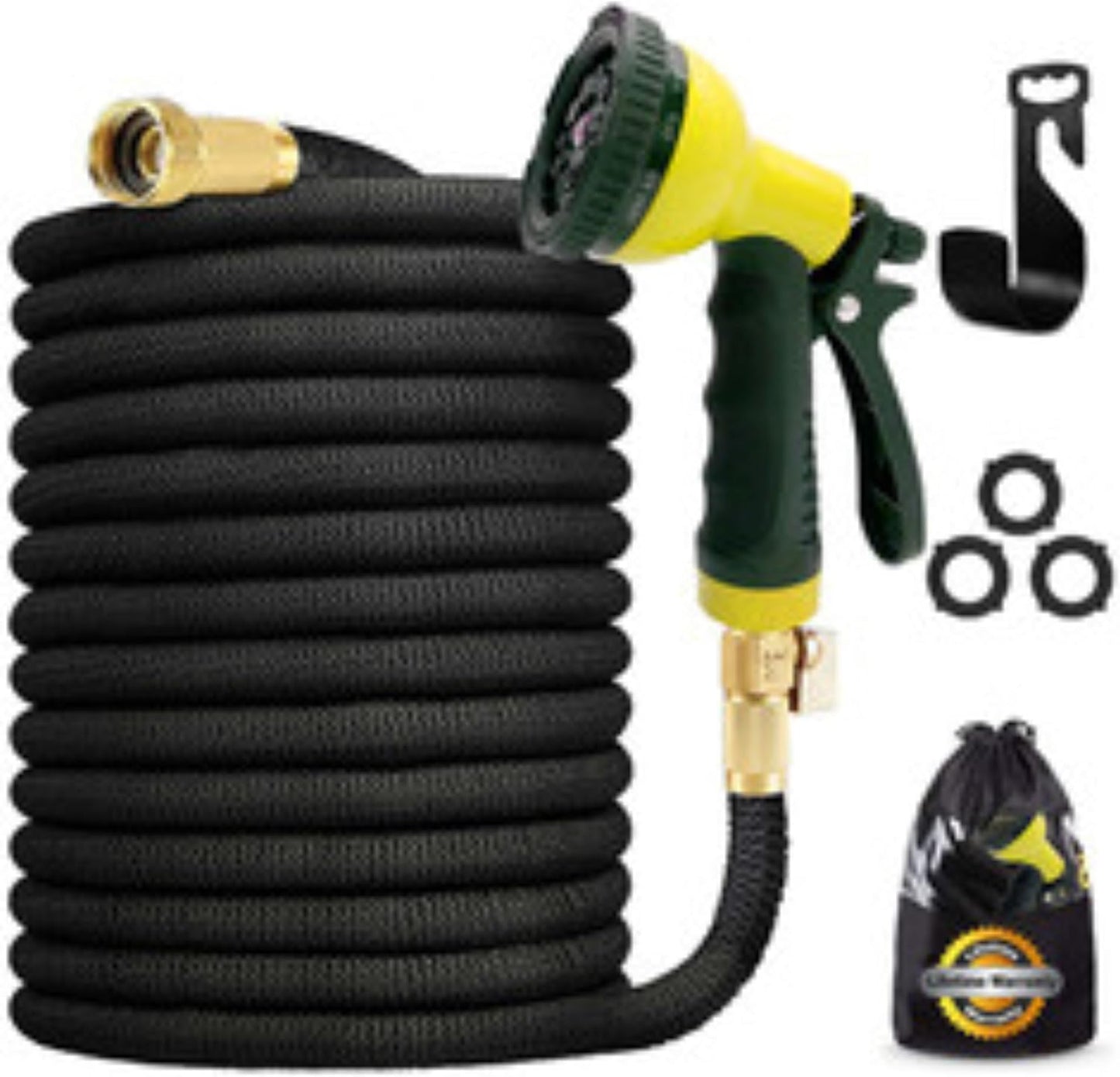 J&B XpandaHose 75ft Expandable Garden Hose with Holder - Heavy Duty Superior Strength 3750D - 4 -Layer Latex Core - Extra Strong Brass Connectors and 10 Spray Nozzle w/Storage Bag (Black 75)