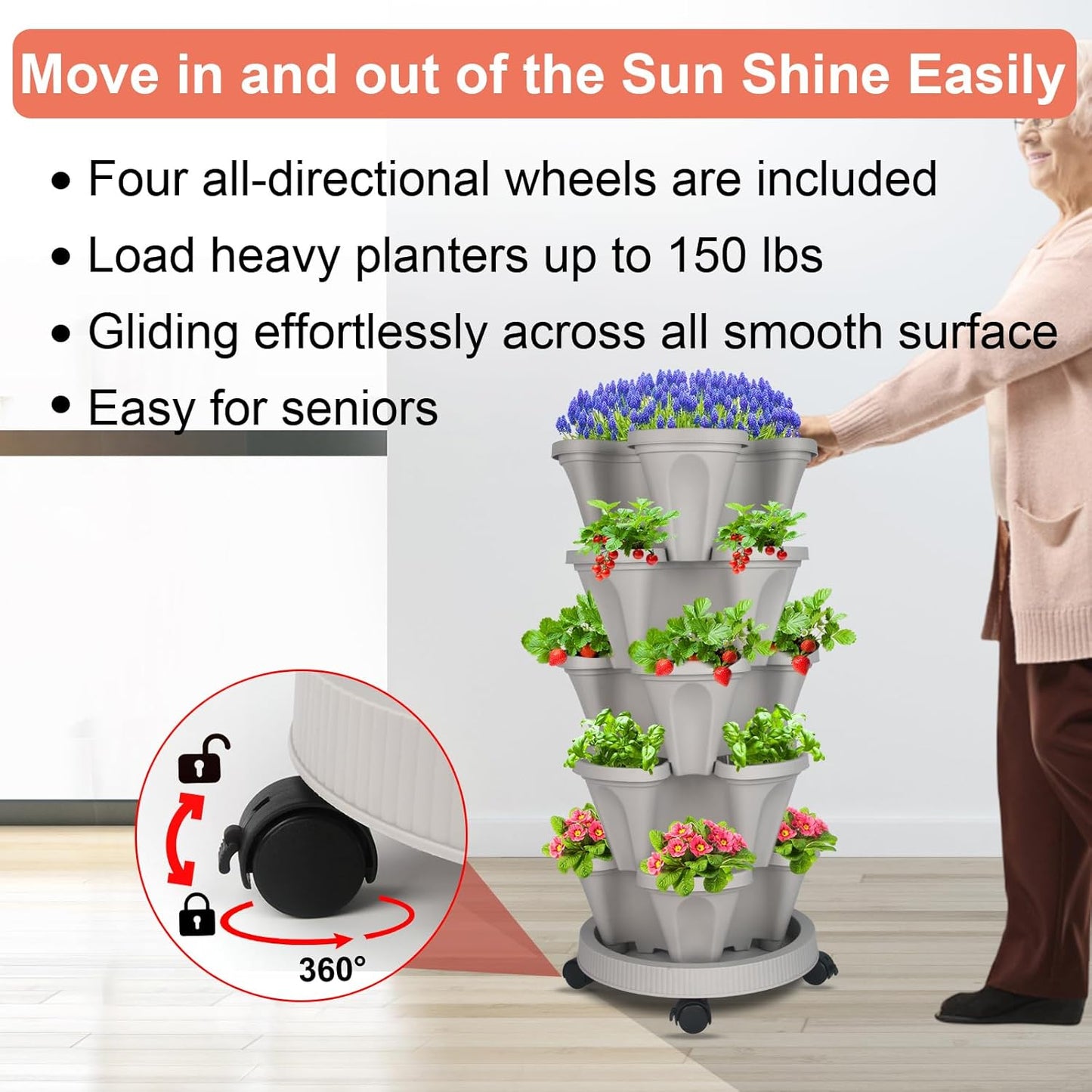 DUNCHATY Stackable Planter, Vertical Garden Planter with Wheels and Garden Tools, Strawberry Planter Indoor/Outdoor 5 Tier Herb Planter Pots for Growing Vegetables and Succulents,Gray