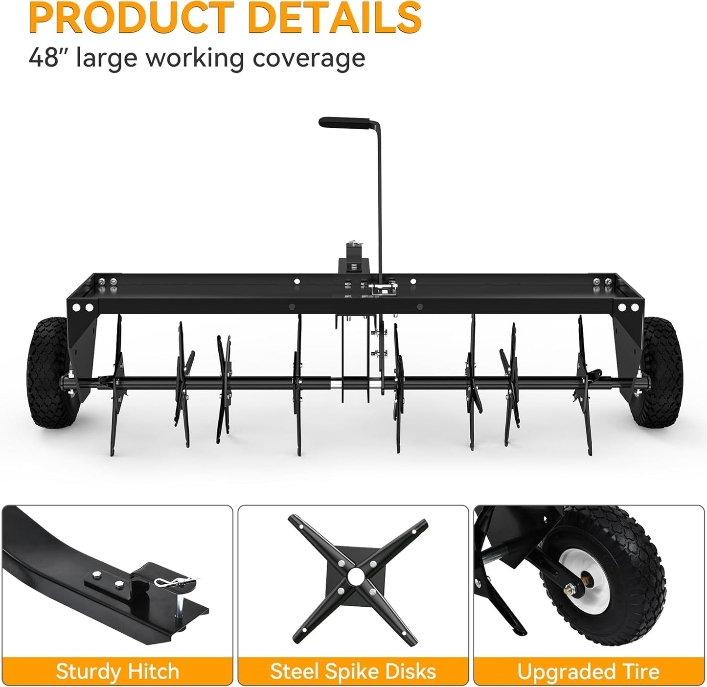 YINTATECH 48" Lawn Aerator Tow Behind with Universal Hitch for Lawn Plug Aerator, Black