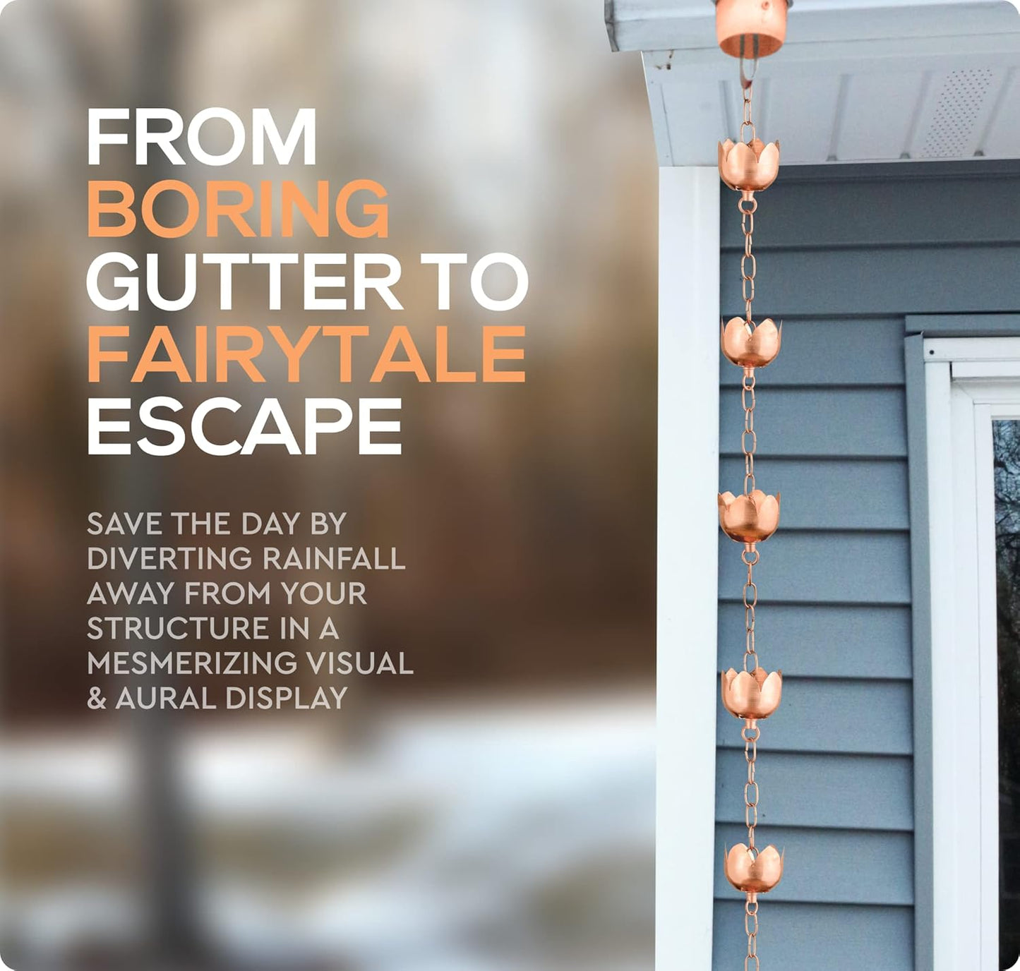 Copper Rain Chain – Decorative Chimes & Cups Replace Gutter Downspout & Divert Water Away from Home for Stunning Fountain Display – 6.5’ Long for Universal Fit – Flower Style