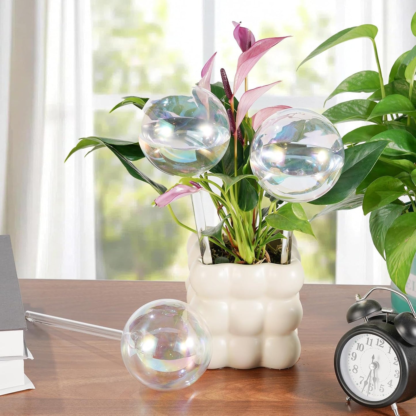 Extra Large Plant Watering Globes 2PCS, 13 oz Up to 15 Days Light Iridescent Glass Self Water Bulbs for Indoor Outdoor Plants, Vacation Automatic Planter Waterer System Self-Watering Stakes