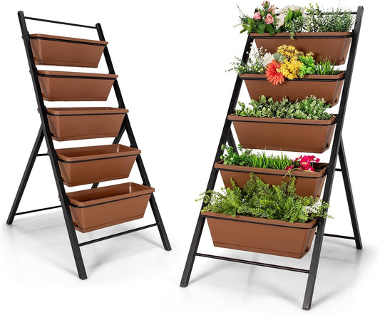 Giantex Set of 2 Vertical Planter Raised Bed, Elevated Garden Beds with Water Drainage Hole, Freestanding 5 Container Boxes for Herb Vegetables Flowers Growing, Outdoor Indoor Patio Balcony