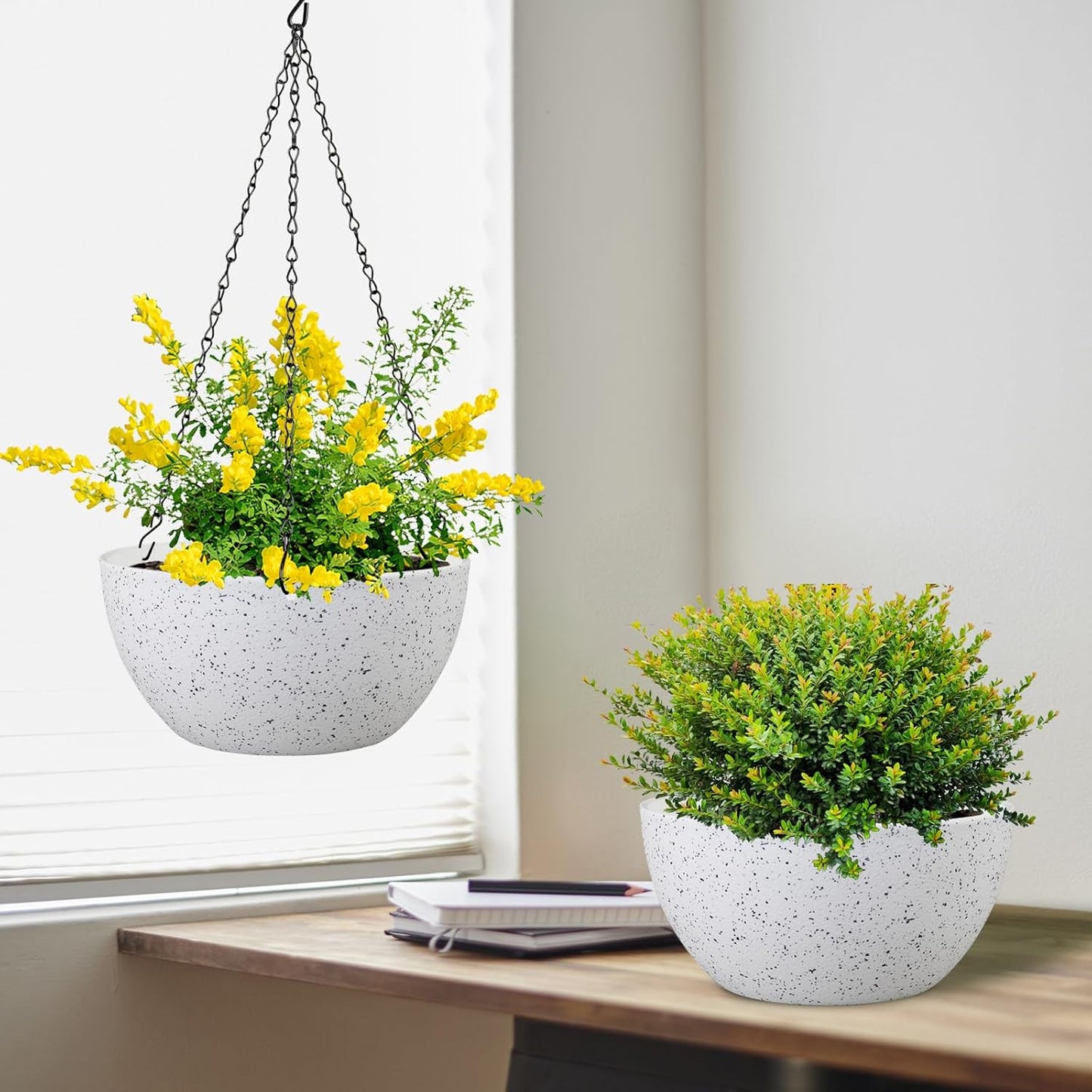 10 inch Hanging Planters for Indoor Outdoor Plants, 2 Pack Hanging Flower Pots with Drainage Holes and Chain for Garden Porch, Plastic Hanging Baskets for House Plants, Speckled White