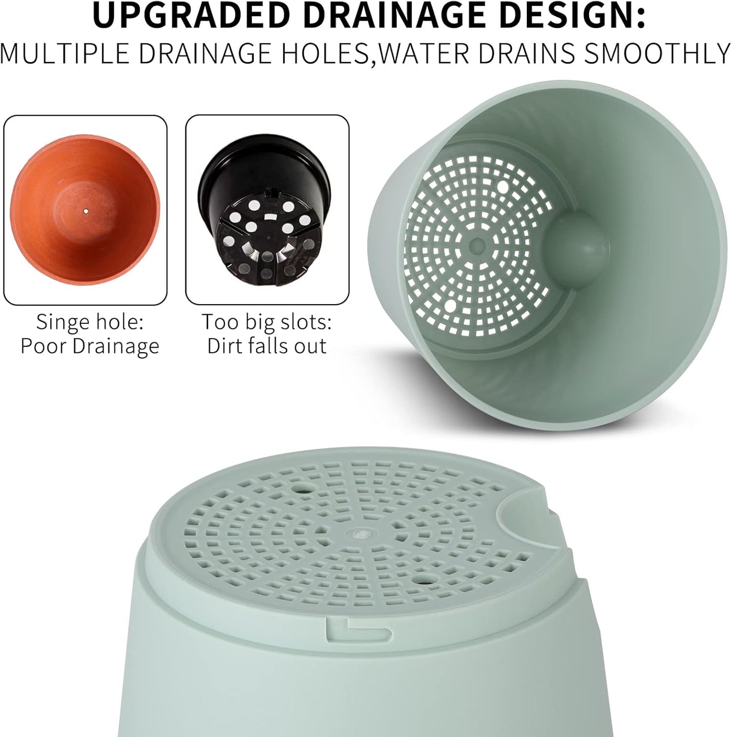 GARDIFE Plant Pots 8/7/6.5/6/5.5/5 Inch Self Watering Planters with Drainage Hole, Plastic Flower Pots, Nursery Planting Pot for All House Plants, African Violet, Flowers, and Cactus,Green