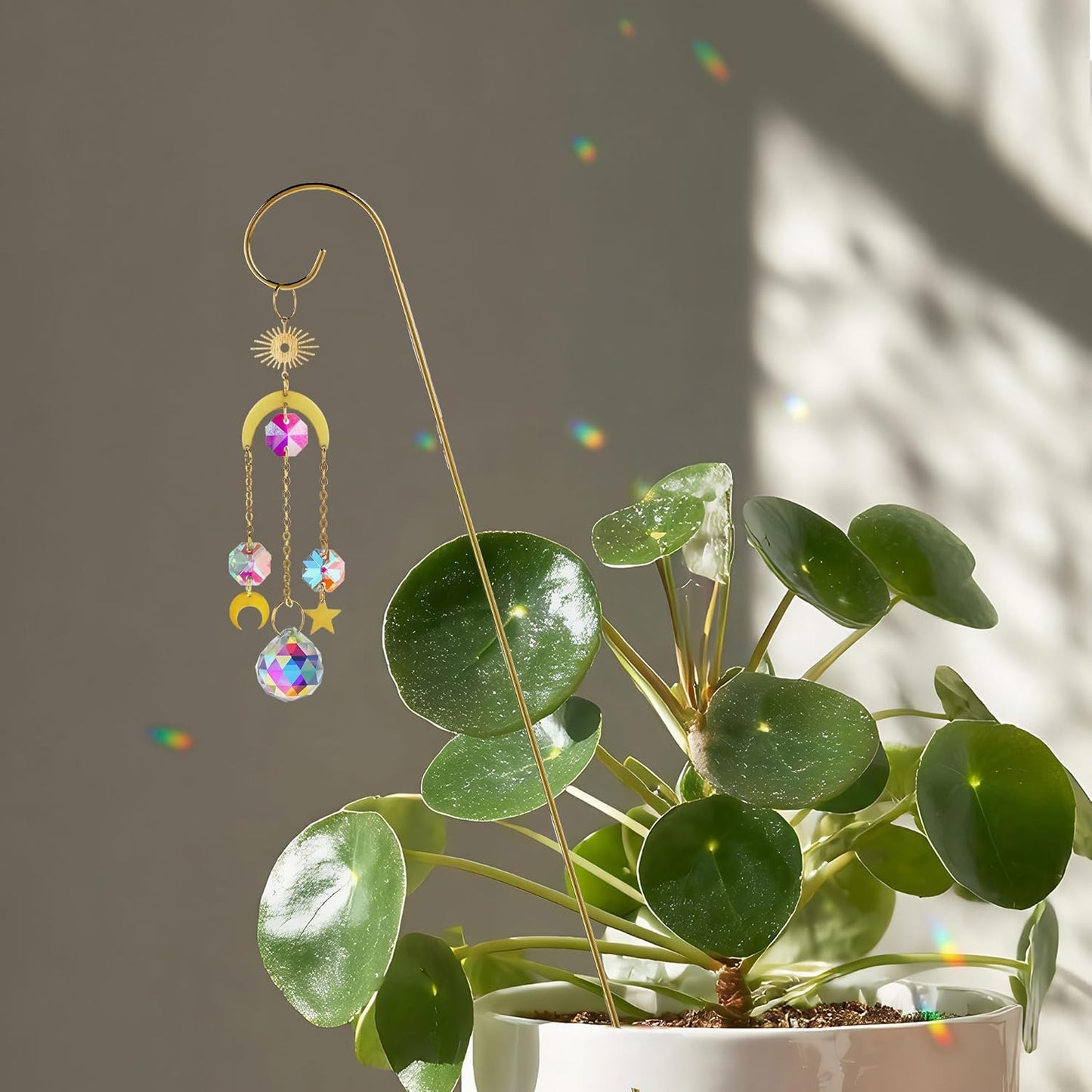 HDCRYSTALGIFTS 6PCS Small Trellis for Potted Plants Indoor with Crystal Sun Catcher, 13.5'' Metal Plant Stakes Suncatchers for Mini Potted Plant Accessories Home Garden Decor