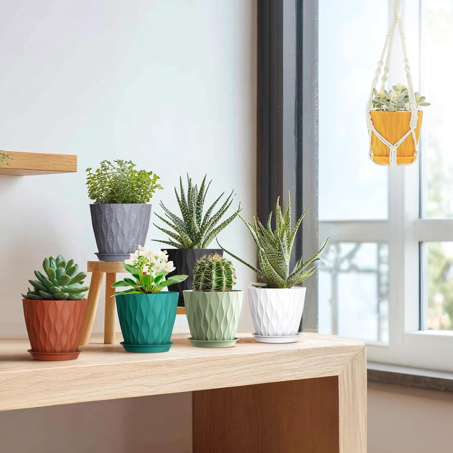 5 inch Plant Pots for Indoor Outdoor Plants, 6 Pack Thick Nursery Pots with Drainage Holes and Saucers, 3D Modern Wave Texture Small Plastic Planter Flower Pots, Multicolor