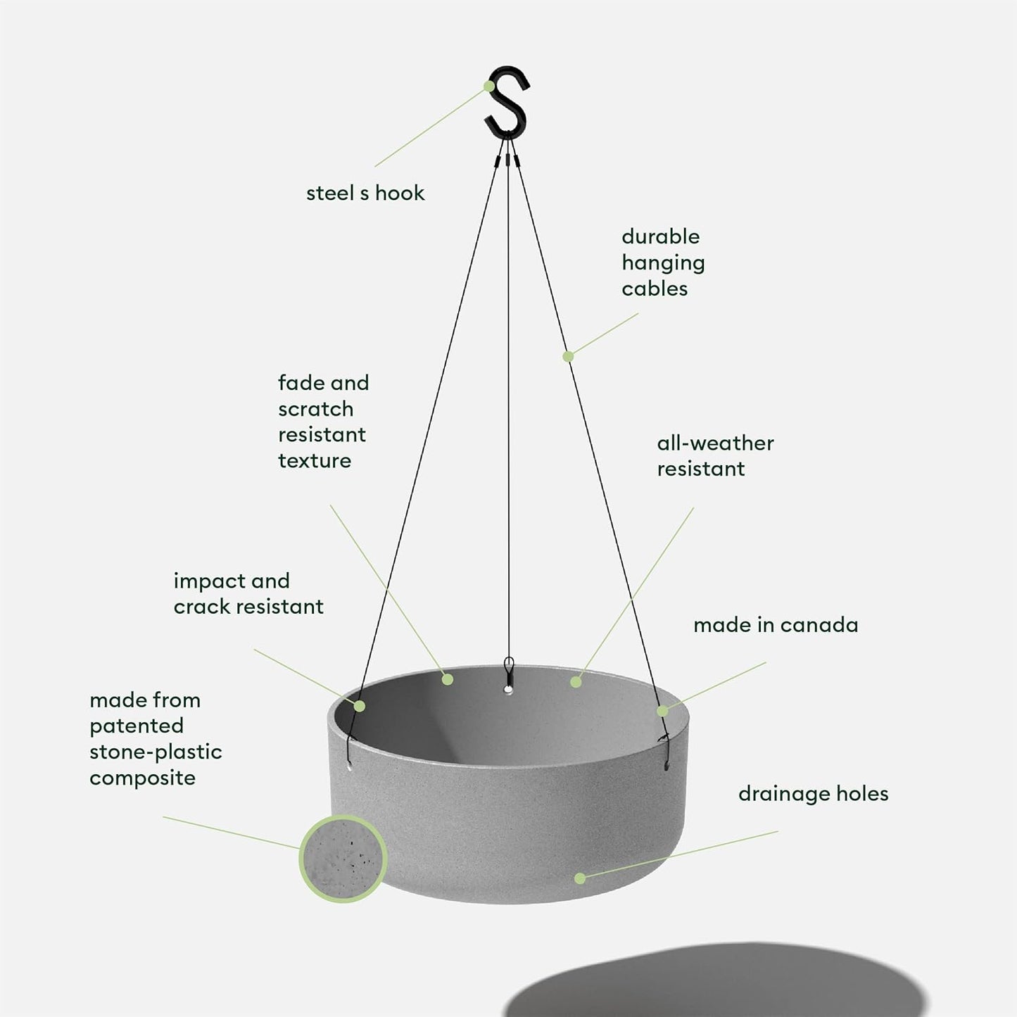 Veradek Mason Series Hanging Kona Planter - Round Planter for Outdoor Balcony/Patio | Made from Plastic-Stone Composite with Hanging Attachment | Modern Décor for, Flowers, Succulents, Small Plants