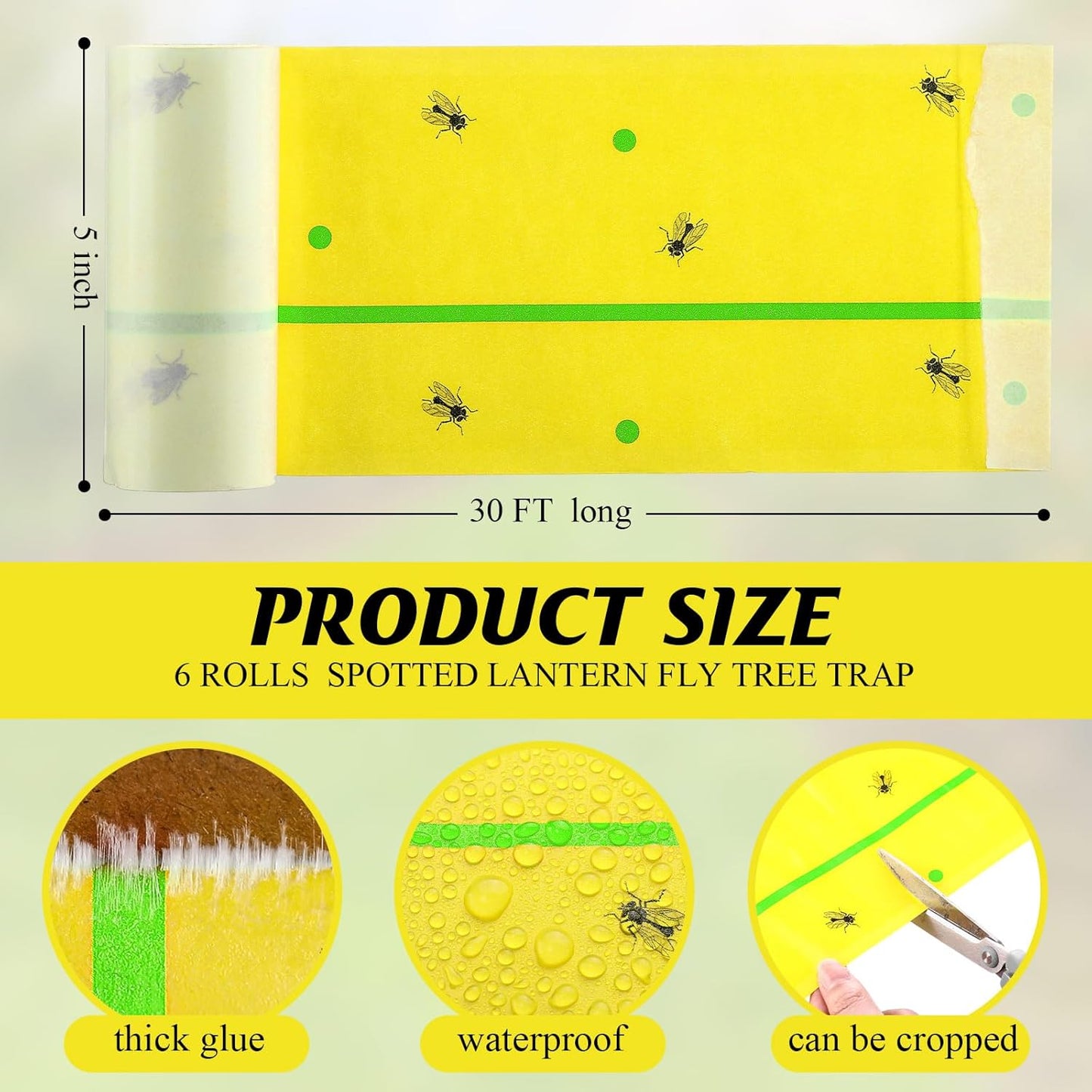 Qualirey 6 Rolls Spotted Lantern Fly Traps 30 Feet Each Roll Fly Tree Trap Sticky Strips Outdoor Fruit Glue Strips Disposable Tape Indoor Paper Sheets for Protecting Trees(Classic Color)