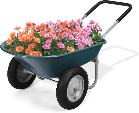ERGOMASTER Dual-Wheel Wheelbarrow, Home Utility Garden Cart, 330 LBS Capacity, Large Heavy Duty Yard Cart for Gardening & Planting, Lawn, Farm, Construction Site, Green