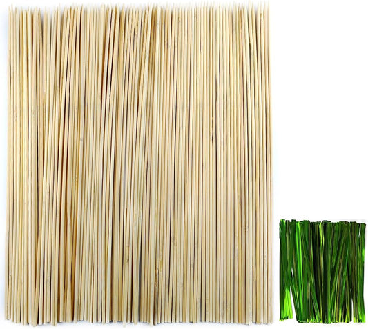 GXXMEI 100PCS 18" Bamboo Plant Stakes with 100PCS 4" Green Garden Ties, Plant Sticks Support, Floral Plant Support Wooden, Indoor Gardening Plant Supports, Wooden Sign Posting Garden Sticks