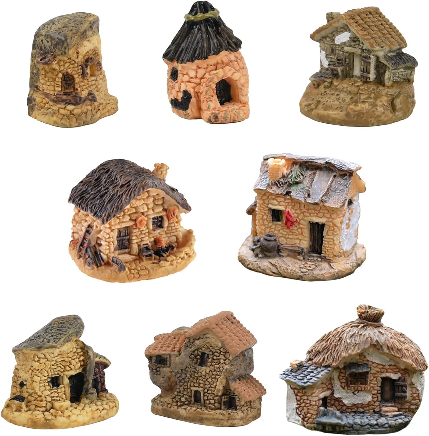 Mini House Figurine 8PCS, Mini Cottage Miniature Gardening Landscape Micro Village Stone Houses Fairy Garden Accessories for Home Decoration