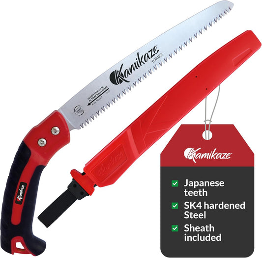 EZ Kut Kamikaze Straight Blade Pruning Saw – 18" Heavy Duty SK5 Carbon Steel – Japanese Pull-Cut Technology – Ergonomic Anti-Fatigue Grip – Tree Trimming Hand Saw with Scabbard