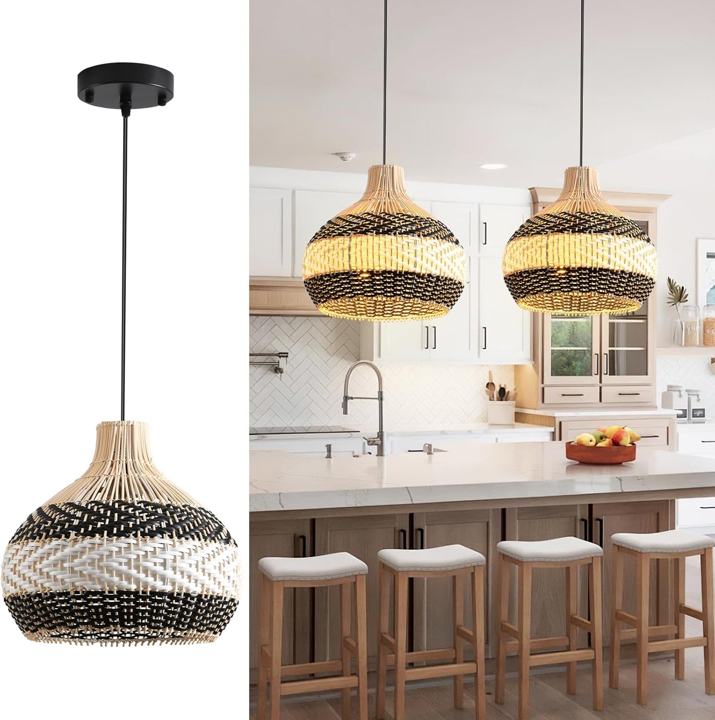 3-Light Rattan Pendant Light,Hand-Woven Black White Faux Rattan Hanging Light 15" Boho Basket Wicker Chandelier,for Living Room Bedroom Kitchen Dining Hallway 1-Pack