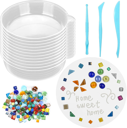 24 Pcs Stepping Stone Kit Includes Concrete Mold, Mosaic Tiles and Carving Tools, DIY Craft Handmade Stepping Stone Kit for Kids, Family, Garden Outdoor Decor, No Concrete Mix(Round,8.3 Inch)