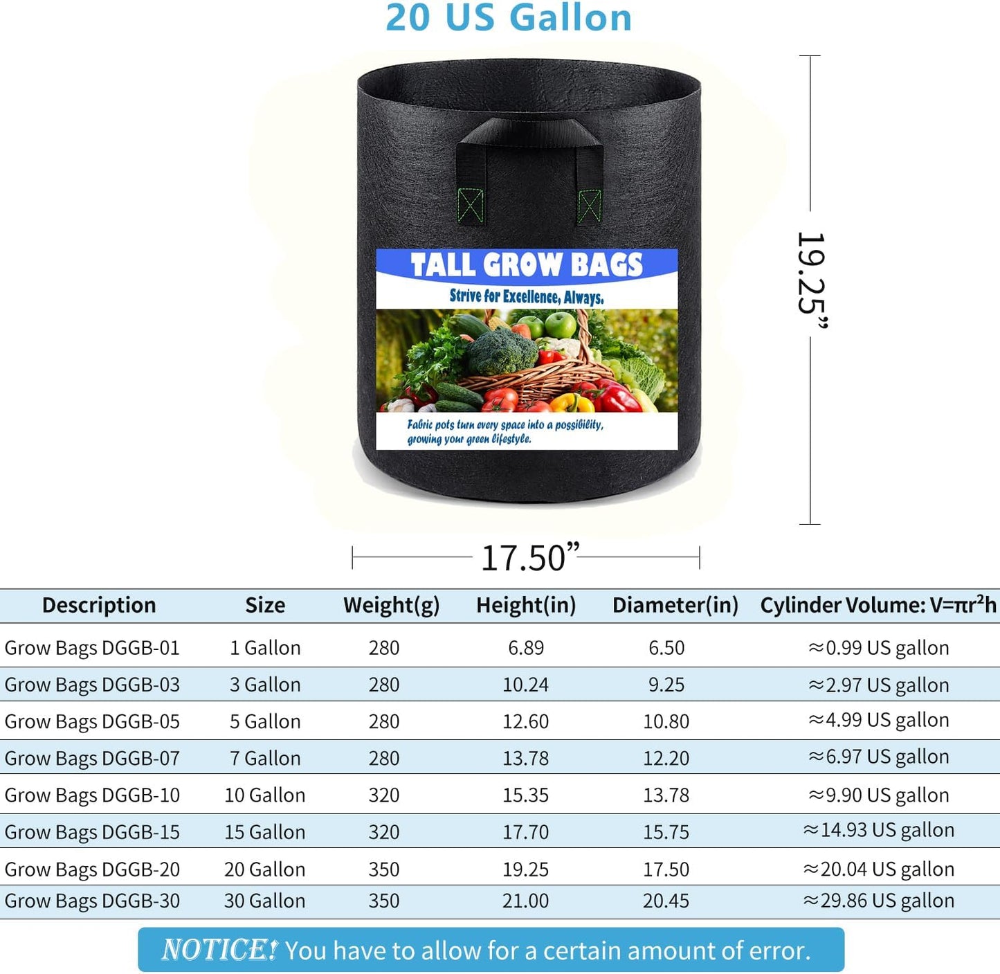 20 Gallon 2 Pack Grow Bags, Heavy Duty Nonwoven Aeration Fabric Plant Grow Pots for Vegetables