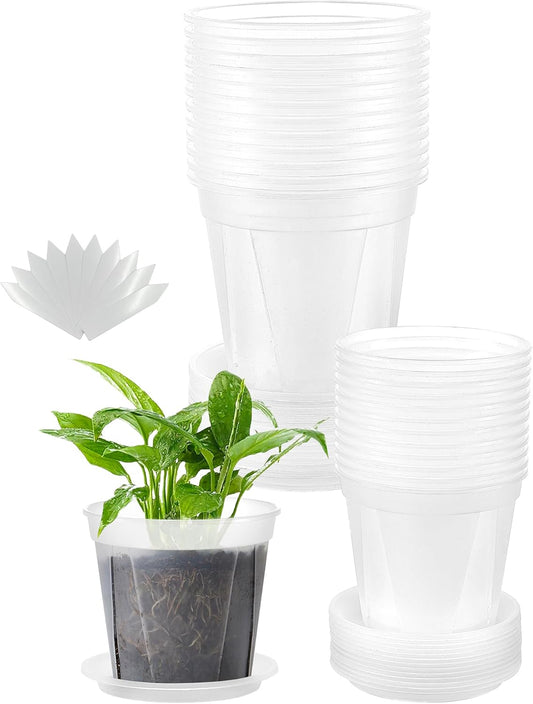 24 pcs 5/6 inch Clear Nursery pots with Trays,Thick Plastic Clear Plant pots with Drainage Holes and Saucers for Orchids,Succulents etc,Outdoor or Indoor use (5/6inch with 24 Trays)