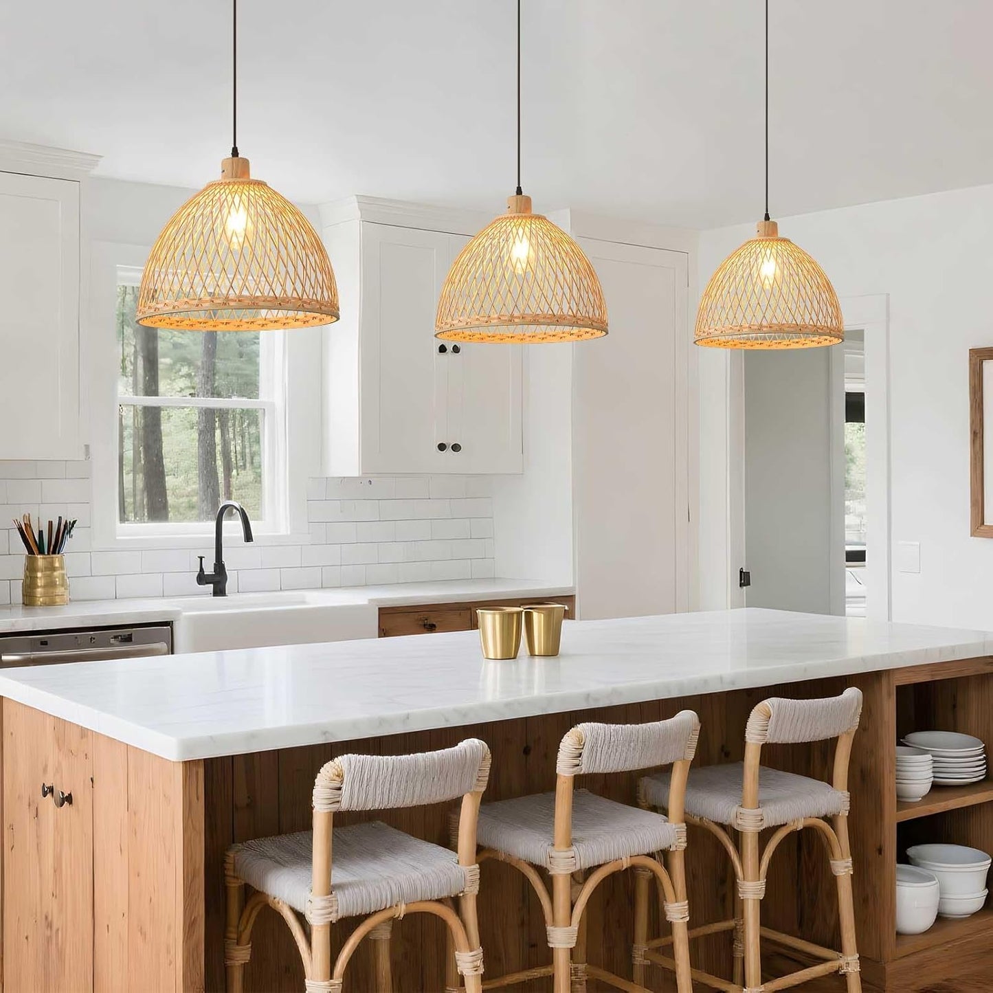 Hand-Woven Rattan Pendant Light, 16 Inch Boho Wicker Lights Fixture Wite Adjustable Cable, Coastal Hanging Lighting for Kitchen Island Dining Room Living Room Entrance Foyer