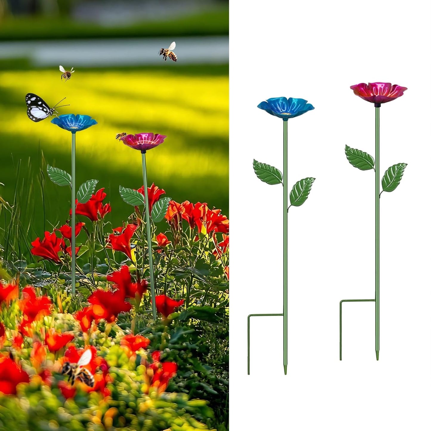 2 Pack Bee Watering Station,Colorful Metal Insect Bath Feeder for Garden, Butterfly Feeder and Bird Drinking with Flower Design, Outdoor Yard Decor (Red, Blue)