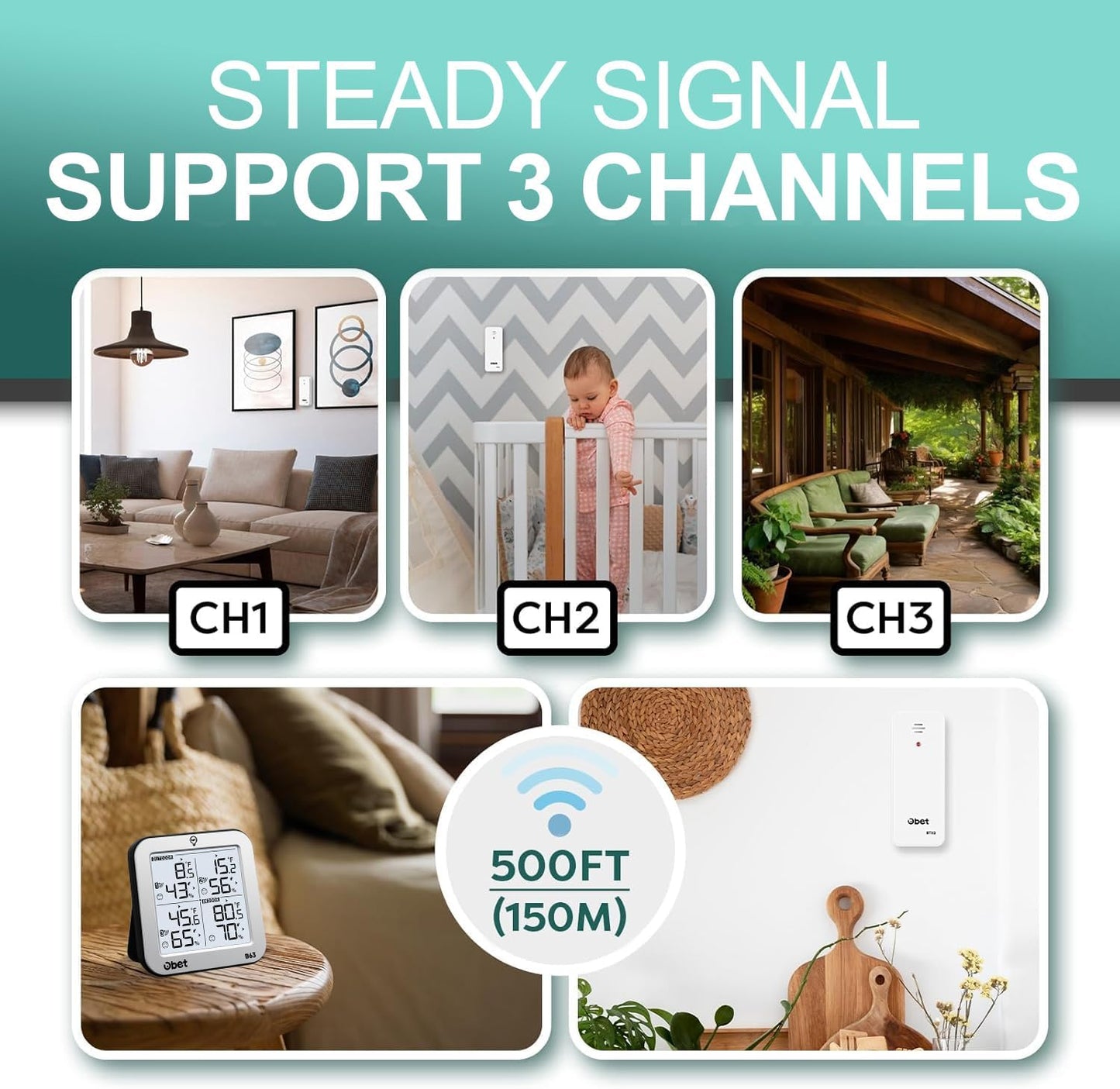 OBET Indoor Outdoor Thermometer Wireless with 3 Sensors Weather Station Temperature Humidity Monitor 500ft Range and Adjustable Backlight and Min Max Data Silver