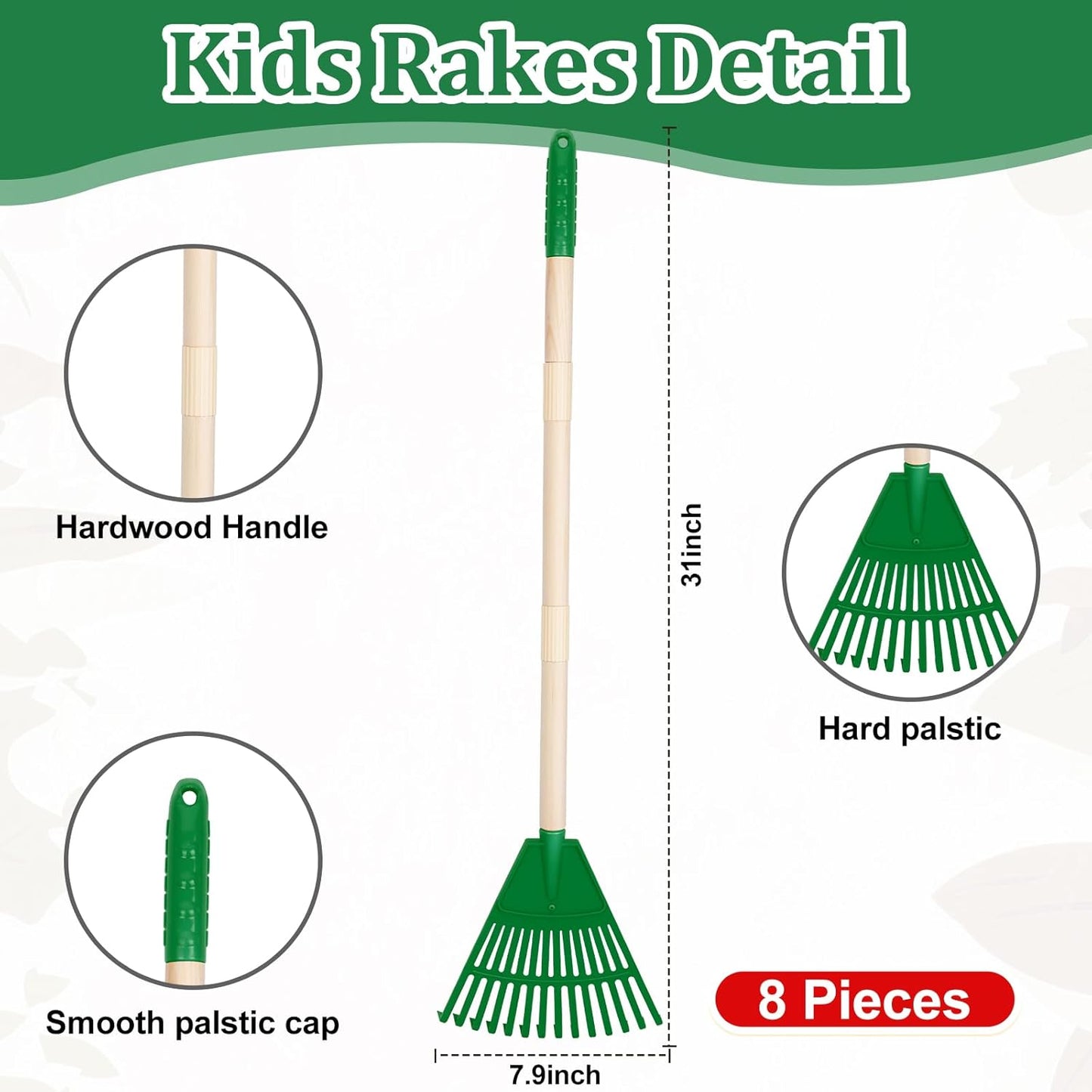 Therwen 8 Pcs Kids Rake 31" Child Size Plastic Lawn Rakes for Leaves Small Rake with Plastic Head and Wooden Handle Toddler Kid Gardening Tools for Leaves Gardening Camping(Green)
