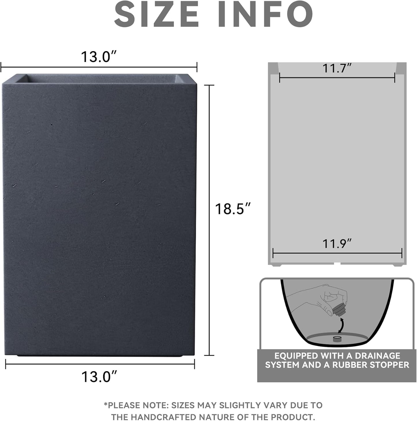 Kante 18.5" H Tall Rectangular Concrete Planters, Outdoor Indoor Lightweight Plant Pots with Drainage Hole and Rubber Plug, Modern Style for Home Garden Patio, Charcoal