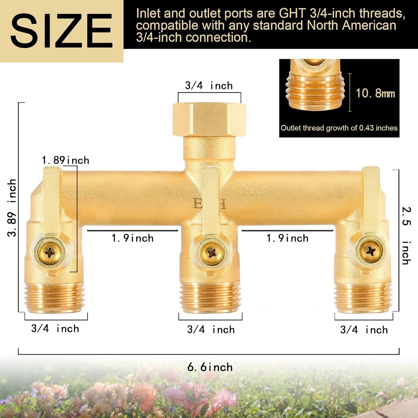 EBH Brass Garden Hose Splitter, 3 Way High Flow Outdoor Faucet Splitter,Full Flow 3-Way Brass Heavy Duty Hose Splitter With 3 Long Metal Handle and Individual On/Off Valve。