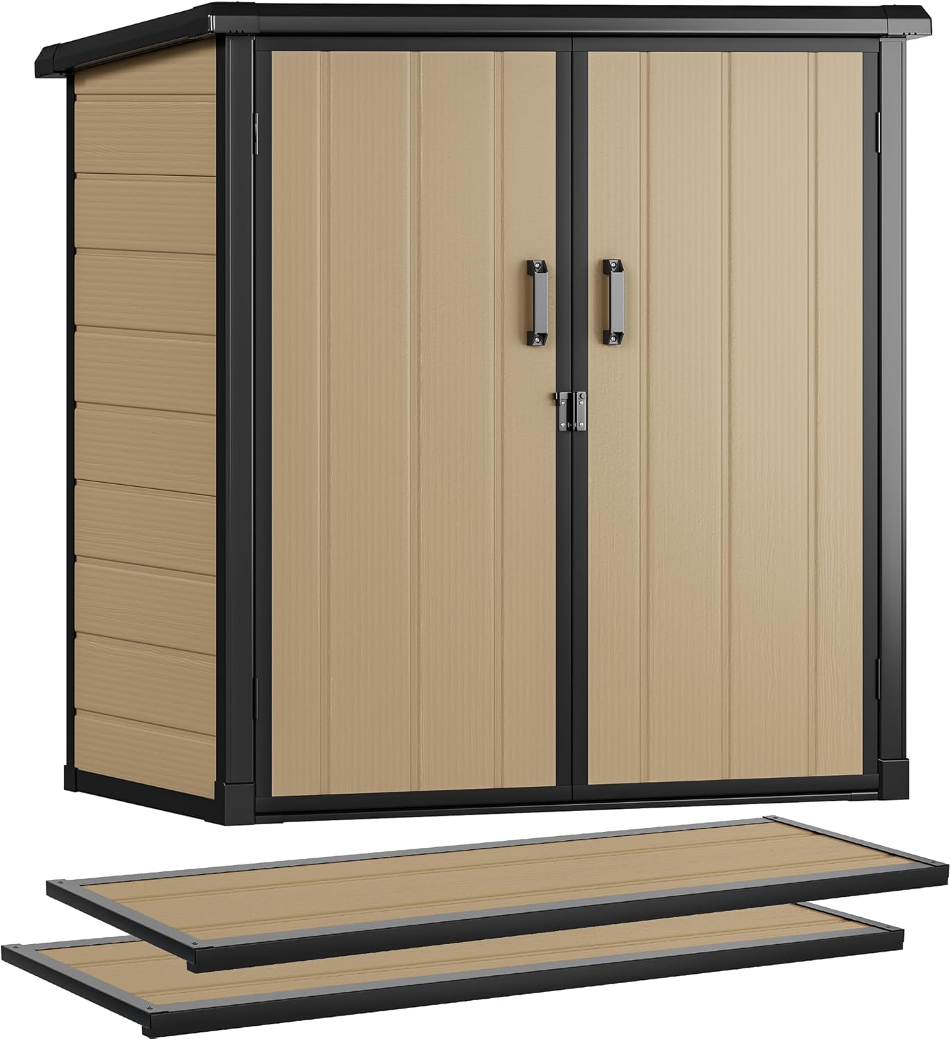 DWVO Outdoor Storage Shed with 2 Shelves, 51 Cu Ft Waterproof Resin Garden Shed with Floor & Lockable Door, Plastic Tool Cabinet for Garbage Cans, Lawn Equipment, Garden Supplies (Brown)