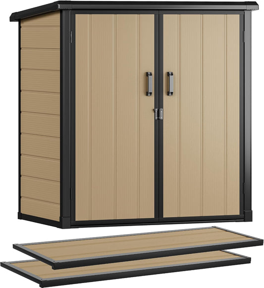 DWVO Outdoor Storage Shed with 2 Shelves, 51 Cu Ft Waterproof Resin Garden Shed with Floor & Lockable Door, Plastic Tool Cabinet for Garbage Cans, Lawn Equipment, Garden Supplies (Brown)
