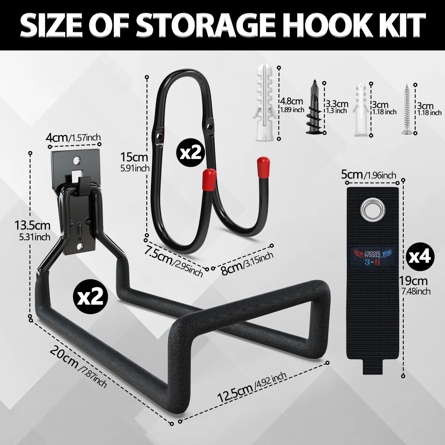 3-H Solid Steel Garden Hose Holder - 4 Pack Wall Mount Hanger with Extension Strap for Outdoor Air Hose, Ropes, Pipes & More