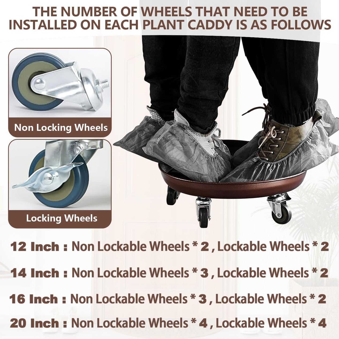 Heavy Duty Plant Caddy with Solid Rubber Wheels, Lockable, Increased Load Capacity, One-Minute Installation, Suitable for Indoor, Outdoor, Patio, Garden Settings, 14 Inches 2PACK, Brown