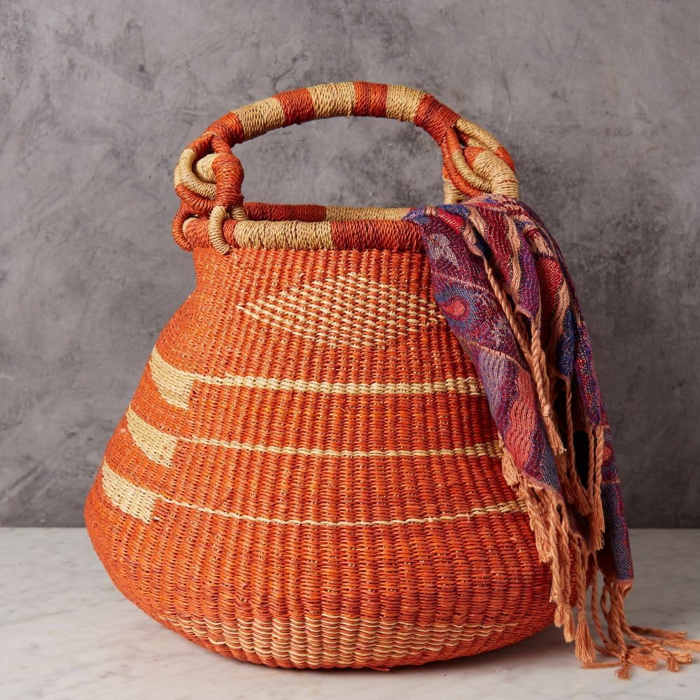 Home & Kitchen Decor, Wicker Basket, Picnic Basket, Living Room Basket, Organizing, Harvesting, Foraging, Fruit Storage, Hand Woven, Pot Shape, 16" Wide, Boho - Orange