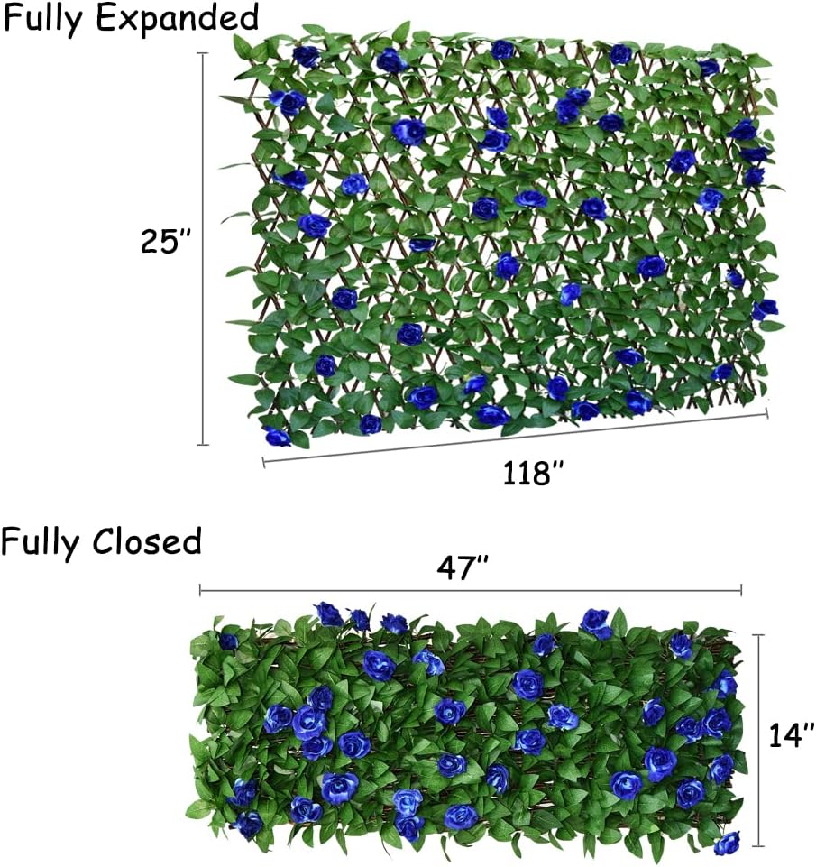 Expandable Fence Privacy Screen for Balcony Patio Outdoor,Decorative Faux Ivy Fencing Panel,Artificial Hedges (Single Sided Leaves) (2, Blue Flowers)
