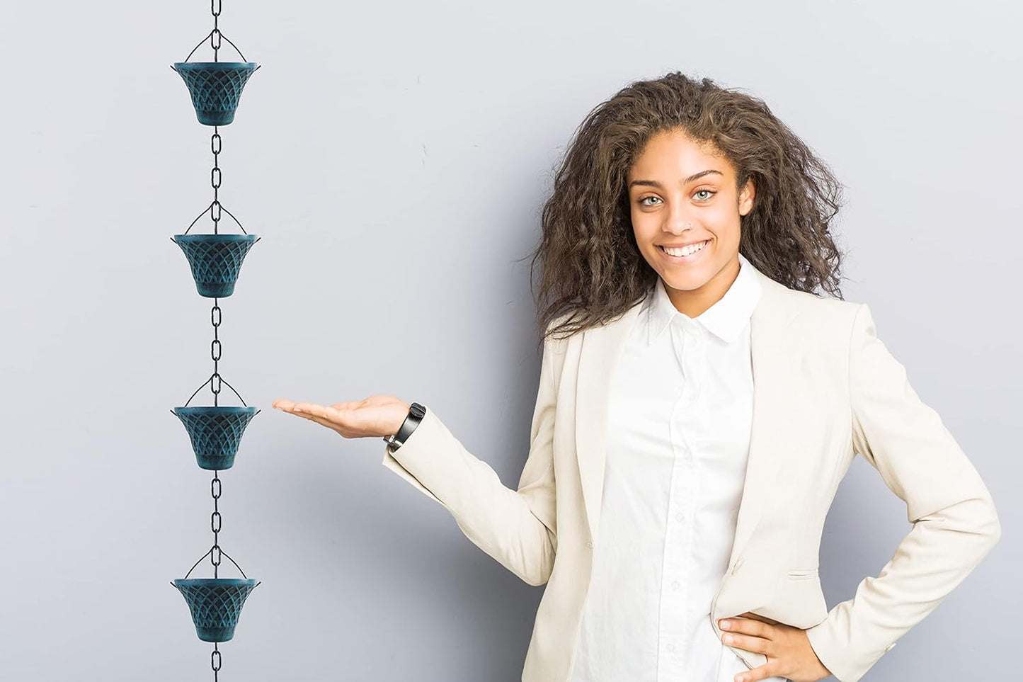 [Upgraded] 8.5FT Sky Blue Iron(Both-Sided) Rain Chains for Gutter and Rain Barrel, Rust-Resistant Plated Garden Décor Rain Chain for Downspout, W/Rain Chain Gutter Adapter, Earrings for House