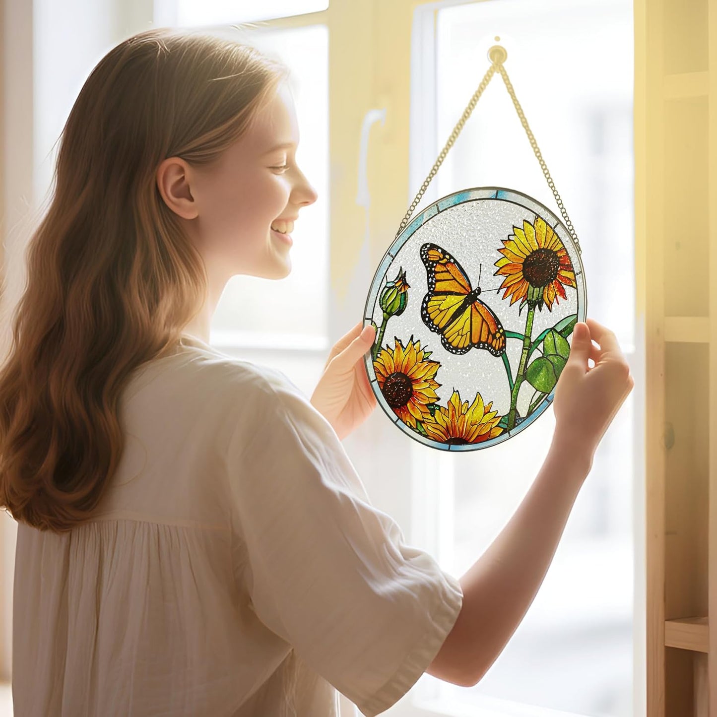 Stained Glass Window Hanging, 8 Inch Butterfly Sun Catchers Indoor Window, Suncatchers for Windows Hanging, Home Decoration and Christmas, Festival, Mother's Day, Birthday, Gifts for Women, Mom