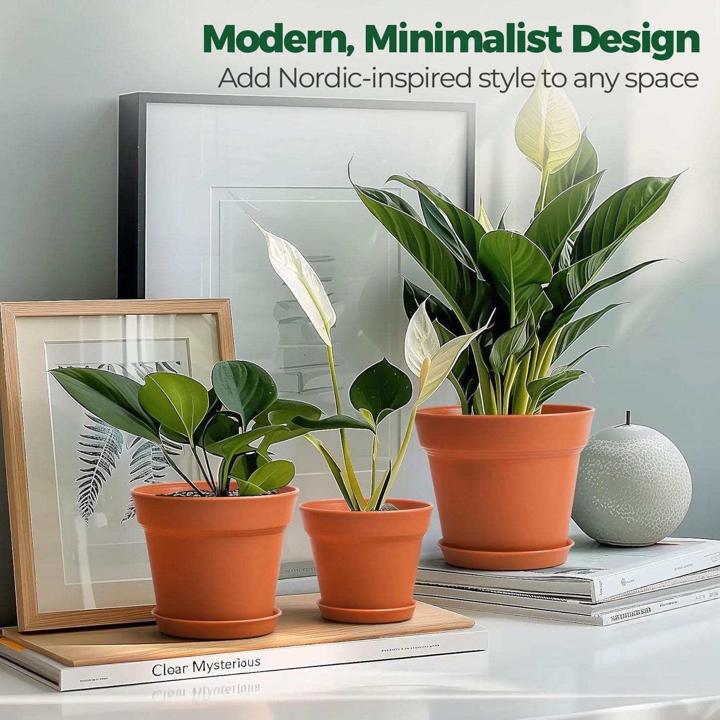 T4U 5 Inch Plant Pot 8-Pack, Plastic Pots with Drainage Hole and Saucer, Decorative Flower Pots Bulk for African Violet, Snake Plant, Succulent and All House Plants Indoor (8pcs 5" Pots)