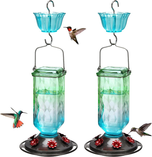 Kingsyard 2 Pack Glass Hummingbird Feeder for Outdoor Hanging, 24 Ounces, 6 Feeding Ports, Bird Nectar Feeder for Garden Décor, Ant Moat Included, Green & Blue