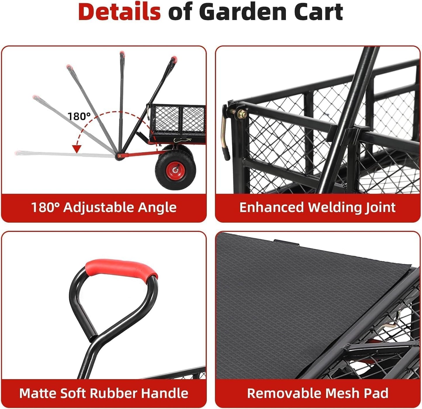 880 Lb 10 Inch Tire Steel Garden Cart with 4-Side Removable Mesh and 180° Swivel Handle, Garden Wagon Cart Heavy Duty, Heavy-Duty Patio Dump Cart Utility Wagon, for Lawn, Patio