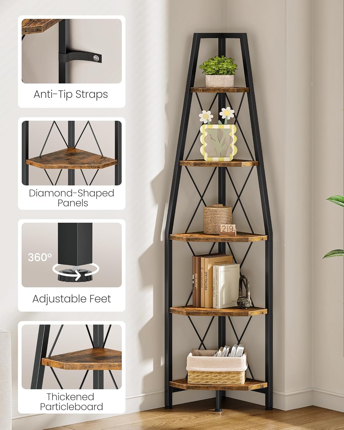 5-Tier Corner Shelf, Corner Bookshelf, Ladder Shelf, Floor Standing Storage Rack, Open Display Stand, Plant Stand, for Living Room, Bedroom, Study, Bathroom, Rustic Brown and Black TCJ22BF