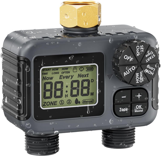 HIRALIY Sprinkler Timer, Water Timer for Garden Hose 2 Zone, Programmable for Watering, Automatic Irrigation System for Yard Lawn, Brass Connector, IP5 Waterproof