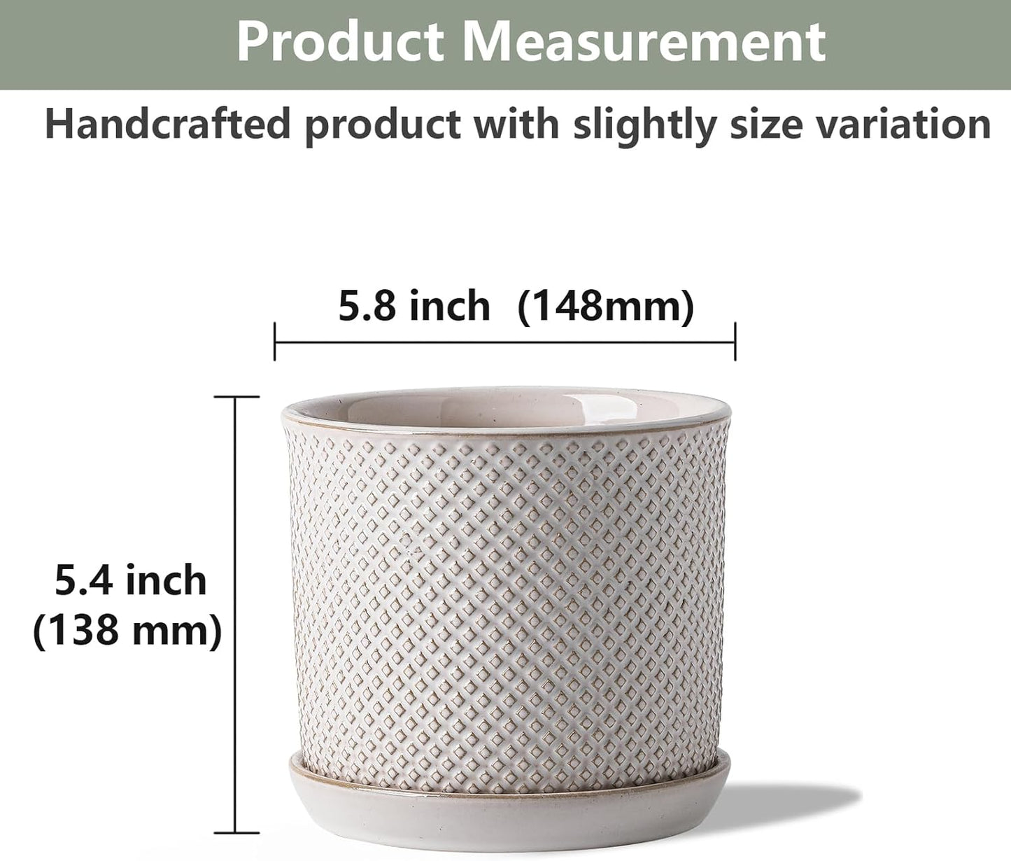 5.8 Inch Plant Pots: Ceramic Planter with Drainage Hole & Saucer - Flowerpot for Indoor & Outdoor Plants - Beaded Embossed Design White - with Separate Tray