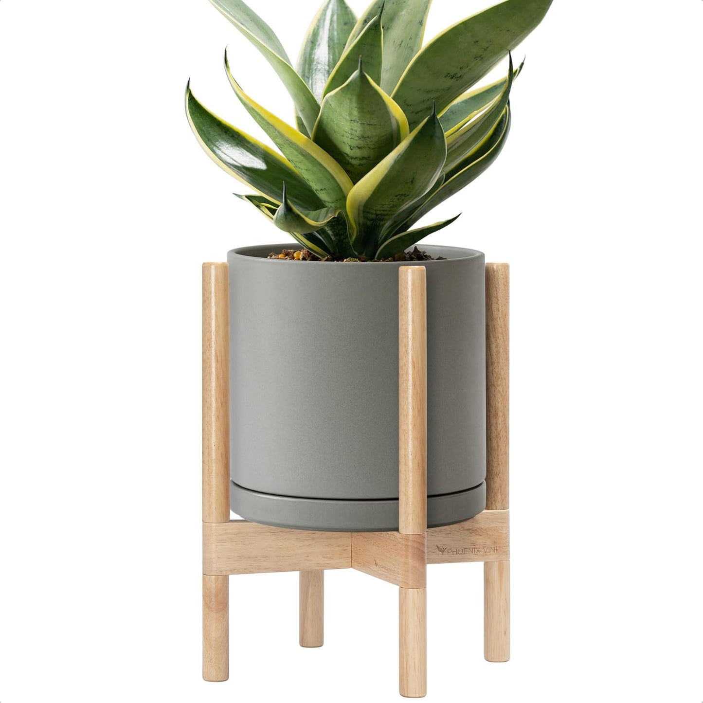 D'vine Dev Ceramic Planter with Natural Stand - 10 Inch Modern Round Flower Pot with Wood Planter Holder, Grey, 55-B-K-3