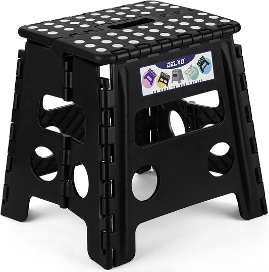 Delxo Folding Step Stool, 13 inch Non-Slip Foldable Stools Up to 300 LBS, Step Stool with Handle, Lightweight for Kitchen, Bathroom, Bedroom, Garden, Black, 1PC