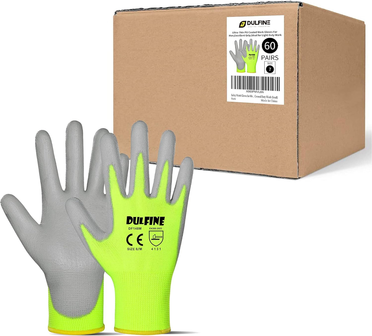DULFINE Safety Work Gloves for Men PU Coated 60 Pairs Bulk Pack,Hi-Vis Yellow Seamless Knit Glove with thin Polyurethane Coated Smooth Grip on Palm & Fingers,Ideal for General Duty Work (Medium)