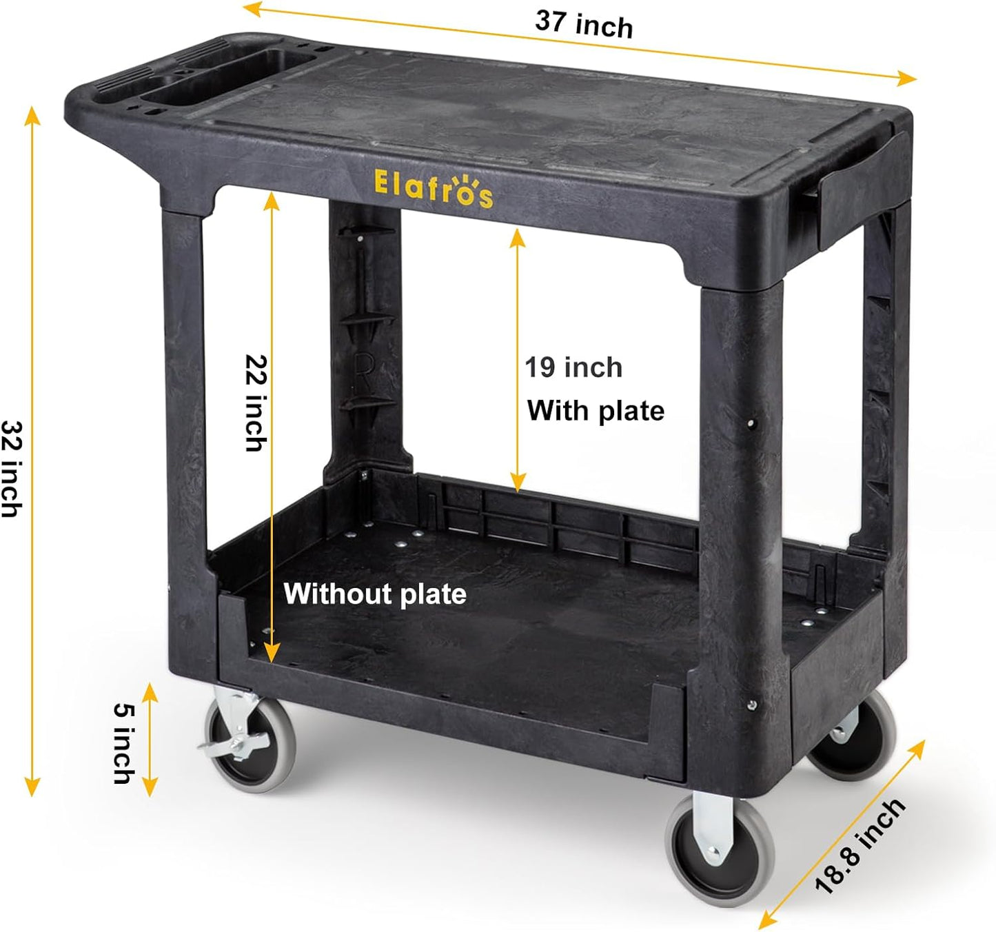 ELAFROS Heavy Duty Plastic Utility Cart Flat top 37 x 18.8 Inch - Work Cart Flat Shelves and 2 Fixed 2 Swivel Wheels Safely Holds up to 550 lbs - 2 Tier Service Cart for Warehouse,Garage, Black