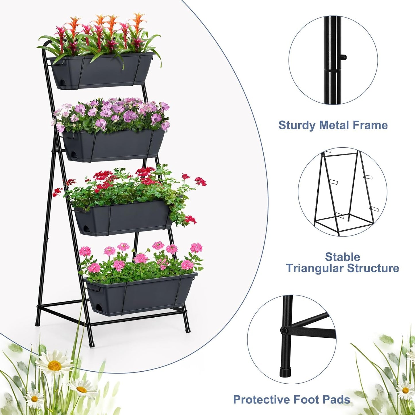 4 Tier Vertical Garden Planter Herb Garden Planter Outdoor Planters for Outdoor Plants Standing Vertical Raised Garden Bed Tiered Garden Vegetable Planter with Drainage Holes (Grey)