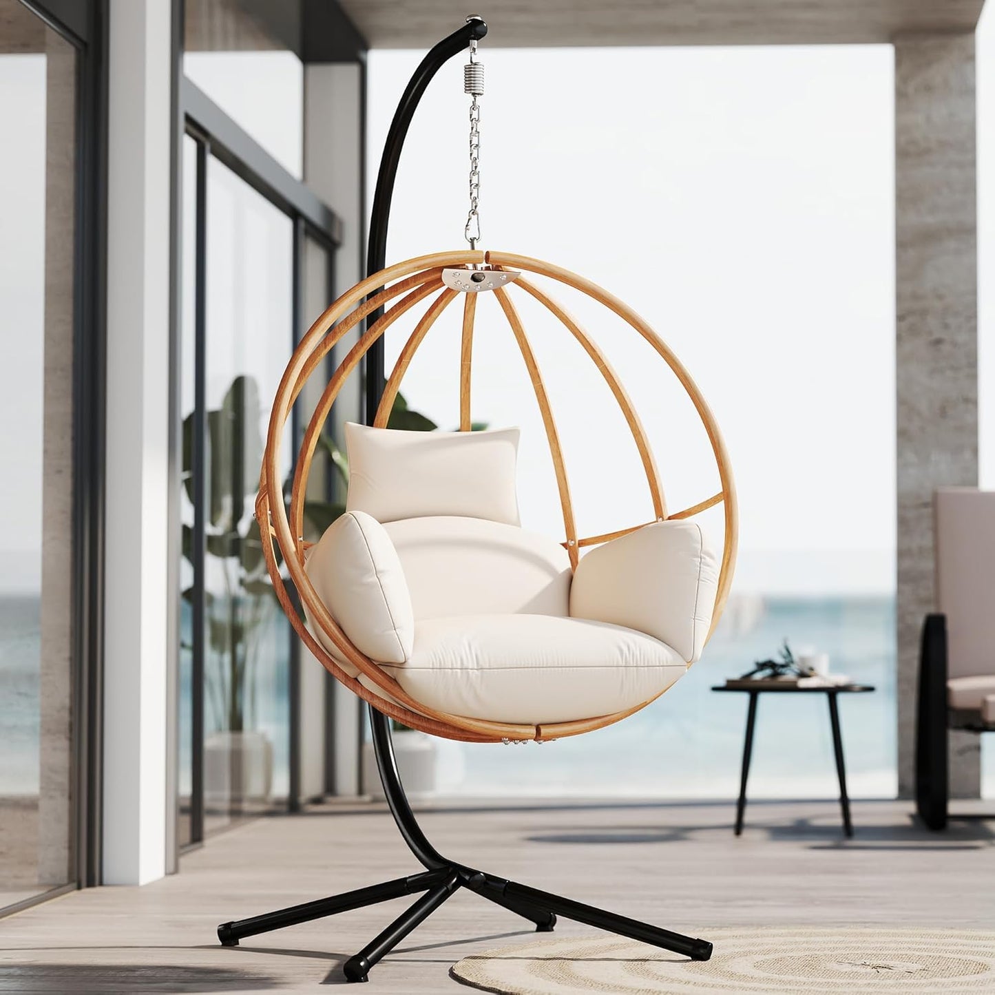 Egg Chairs Outdoor, Hanging Egg Chair with Stand, All Weather Swing Chair, Modern Swinging Egg Chairs Indoor, Metal Hanging Chairs with Cushions, Patio Lounge Chair for Balcony/Deck, Beige