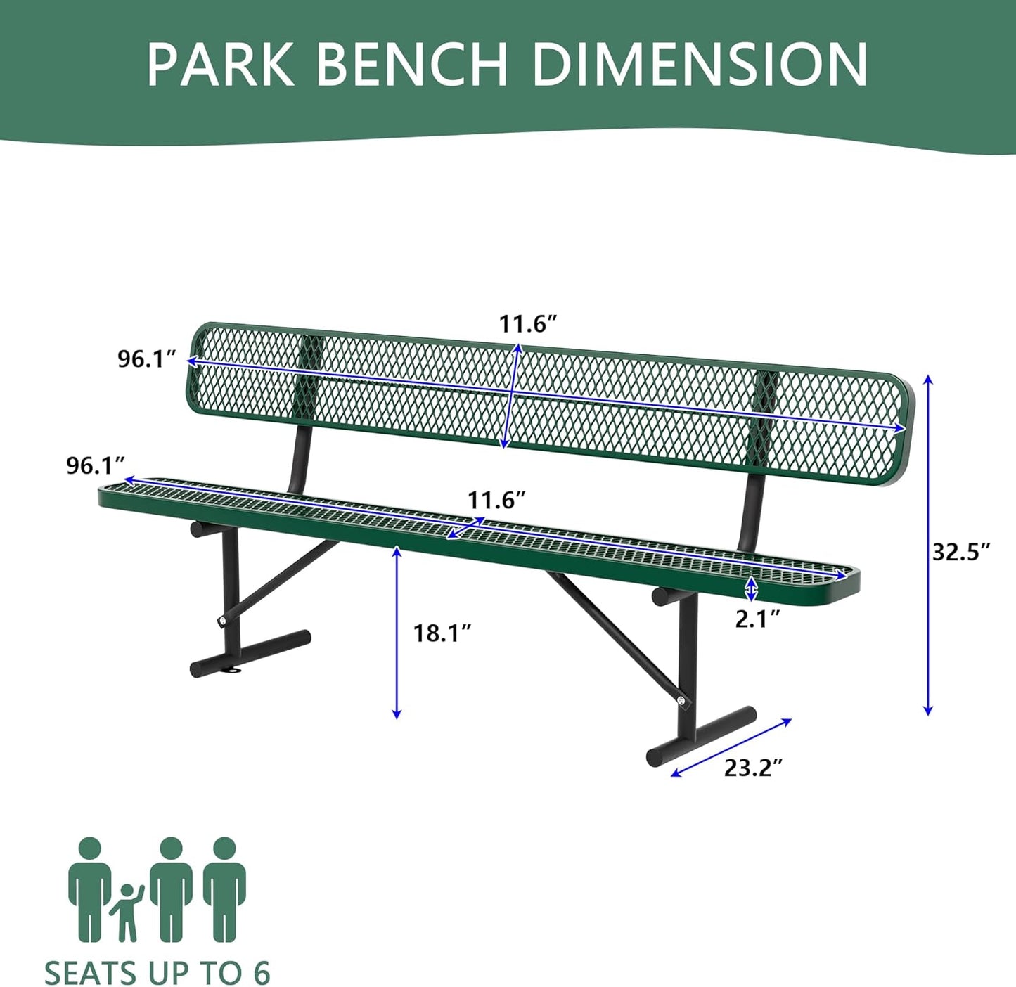 4/6/8 Feet Park Bench for Outside Heavy Duty Metal, Garden Benches Outdoor Bench with Backrest & Portable Frame, for Shopping Malls Stores Parks Patios Decks, Green