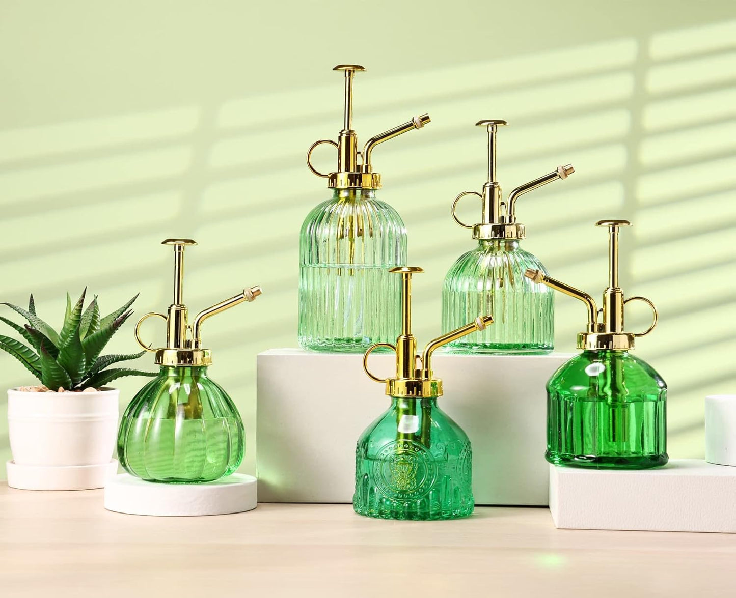 Glass Plant Mister Spray Bottle, 6.5" Green Glass Water Spray Bottle with Gold Top Pump Small Watering Can, Small Plant Sprayer Mister for Indoor Outdoor House, Green+Gold (Green+Gold D)