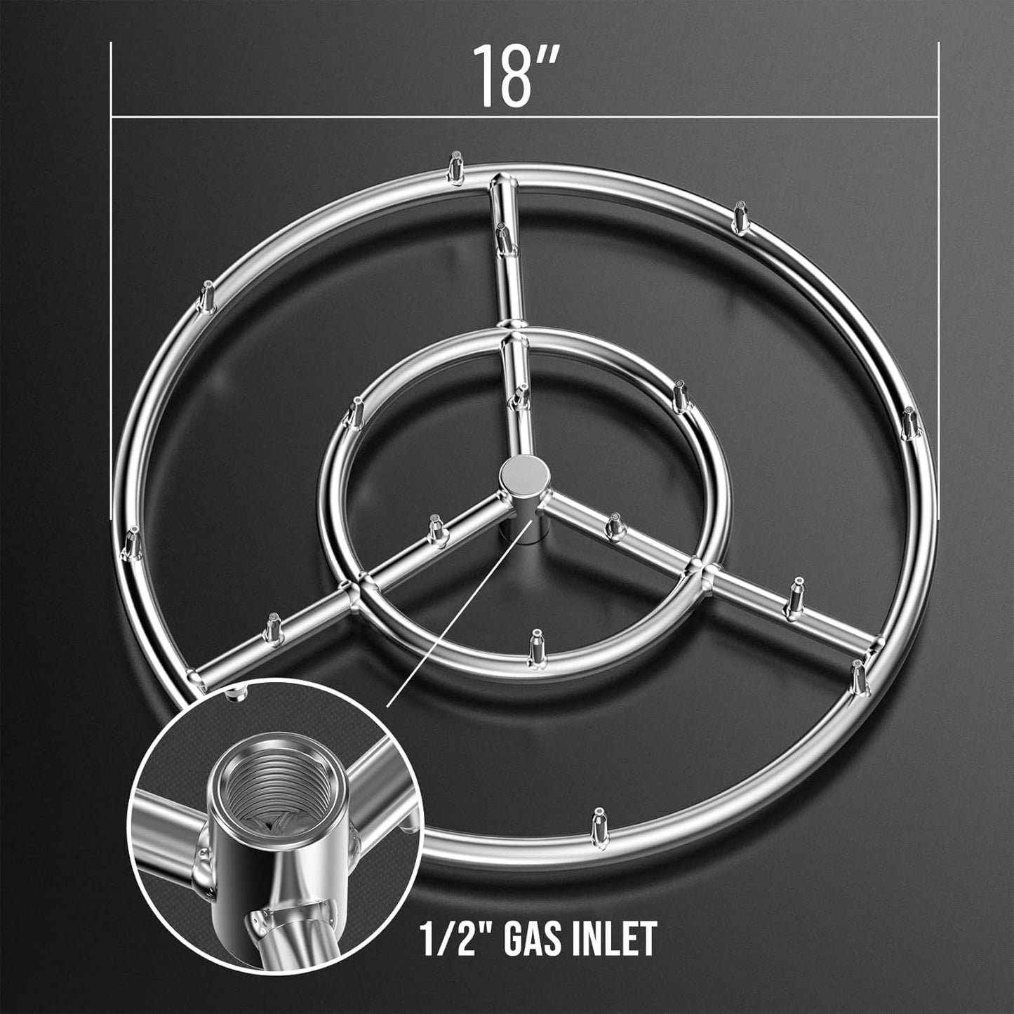 Skyflame 18 Inch Round Stainless Steel Fire Pit Jet Burner Ring - High Flame