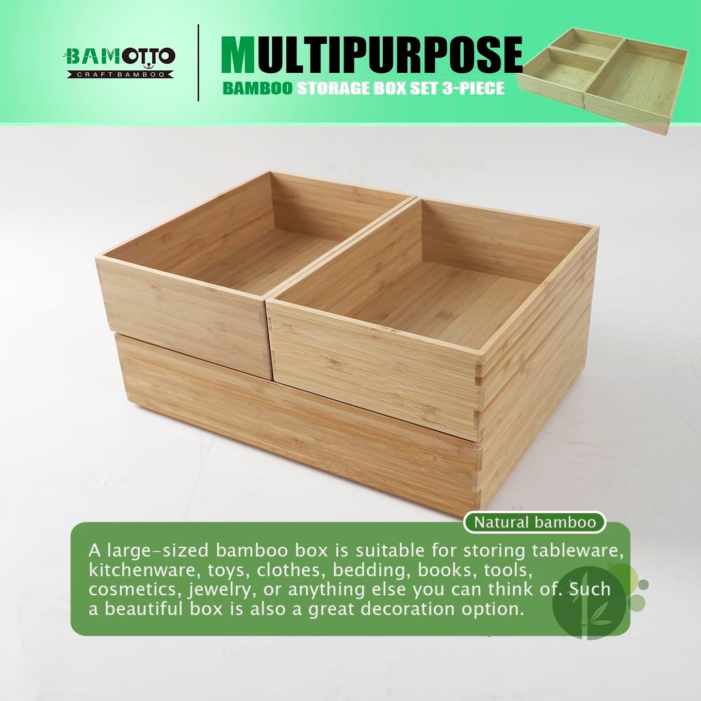 3-Piece Large Bamboo Storage Box Set, 3.9 in High, Stackable Deep-Drawer Organizer for Kitchen Cutlery, Cookware, Utensils & Knives, Lidless Wooden Bin (14.6"x10.2"*1+10.2"x7.3"*2)
